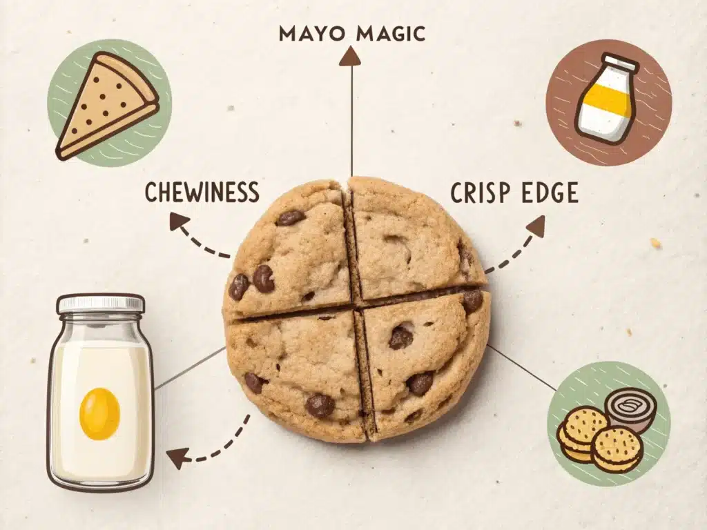 "Chewy chocolate chip cookies made with mayonnaise showing melty centers and cracked tops, next to vintage mayonnaise jar
