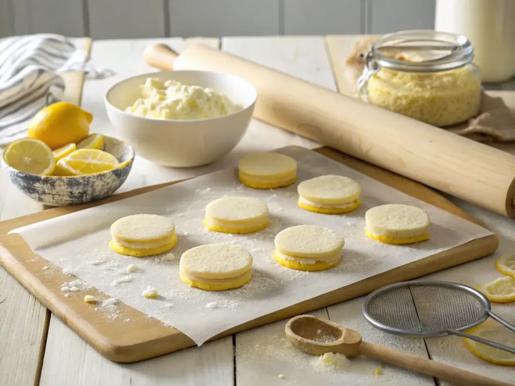 Lemon sandwich biscuit ingredients on baking tray
