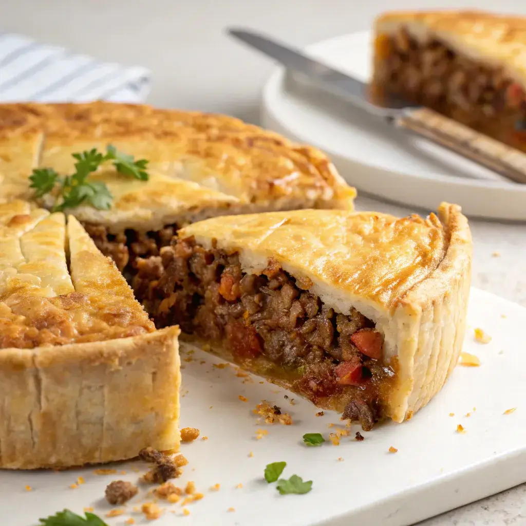 Sliced ground beef and rice pie with juicy filling