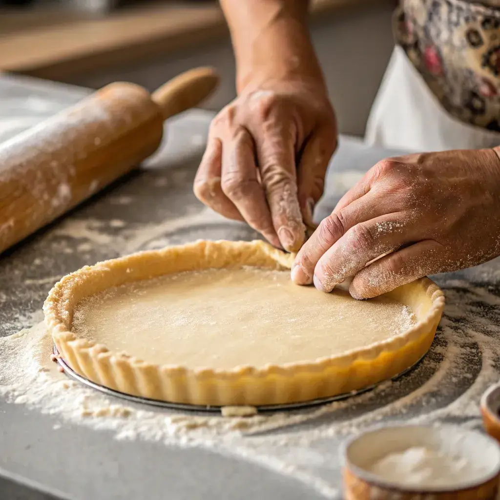 Rolling out pie crust for ground beef and rice pie