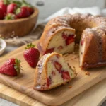 moist strawberry banana cake sliced on wooden board
