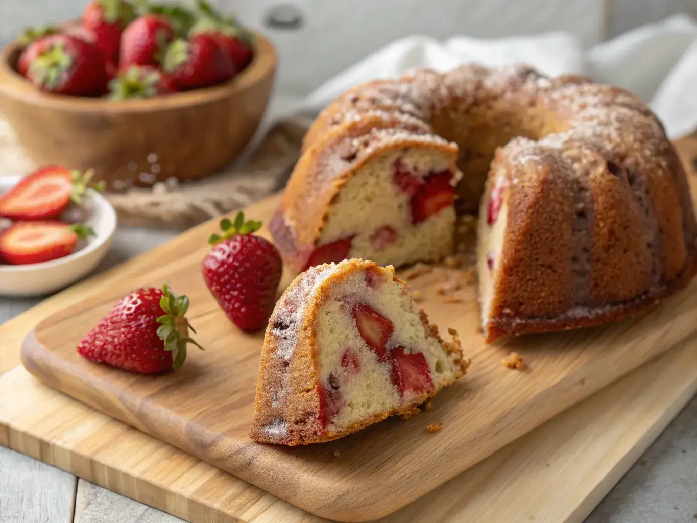 moist strawberry banana cake sliced on wooden board