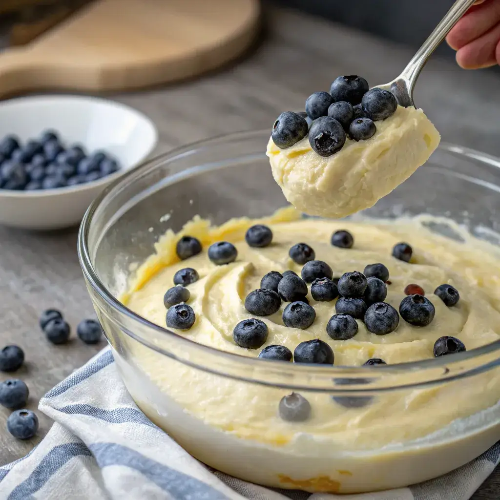 olding blueberries into lemon mascarpone cake batter