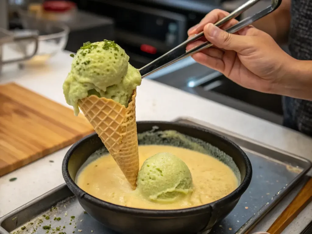 Frying tempura green tea ice cream step