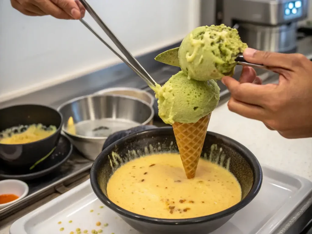 Frying tempura green tea ice cream step