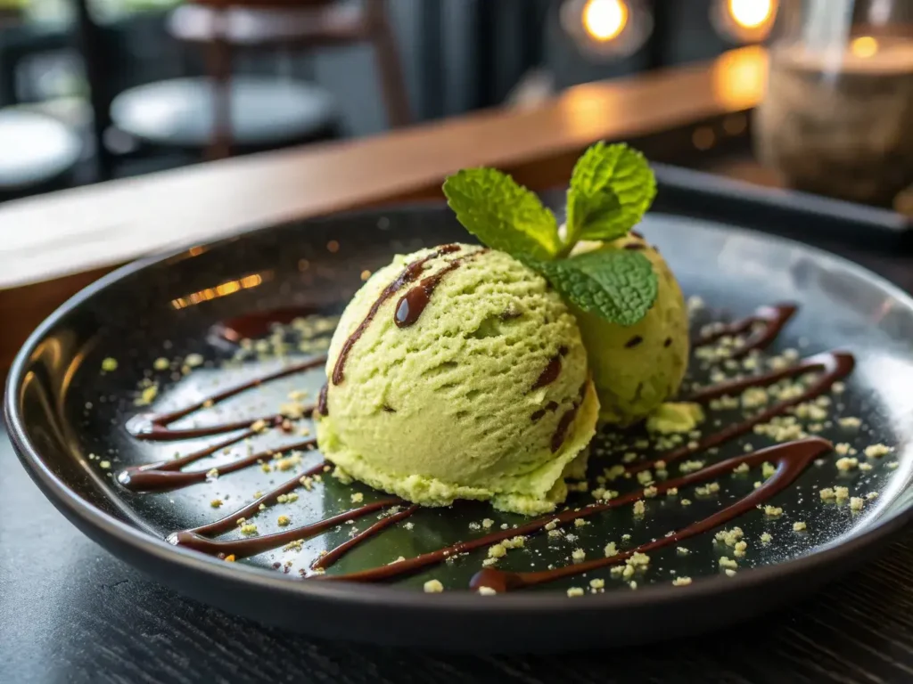 Tempura green tea ice cream with chocolate drizzle