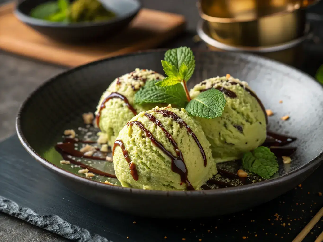 Tempura green tea ice cream with chocolate drizzle