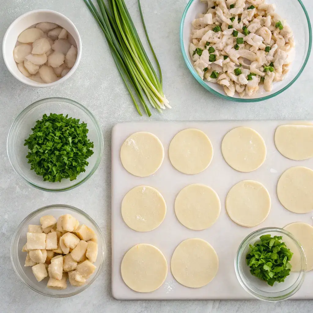 Preparing chicken and chive hand pie with ingredients laid out