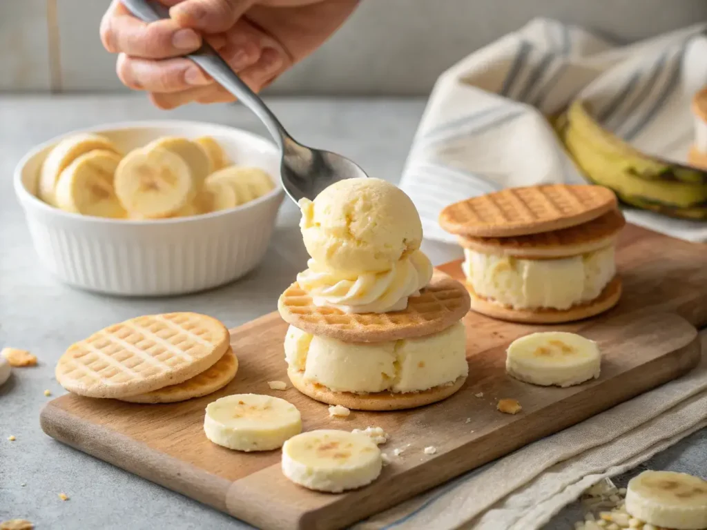 Assembling banana pudding ice cream sandwich