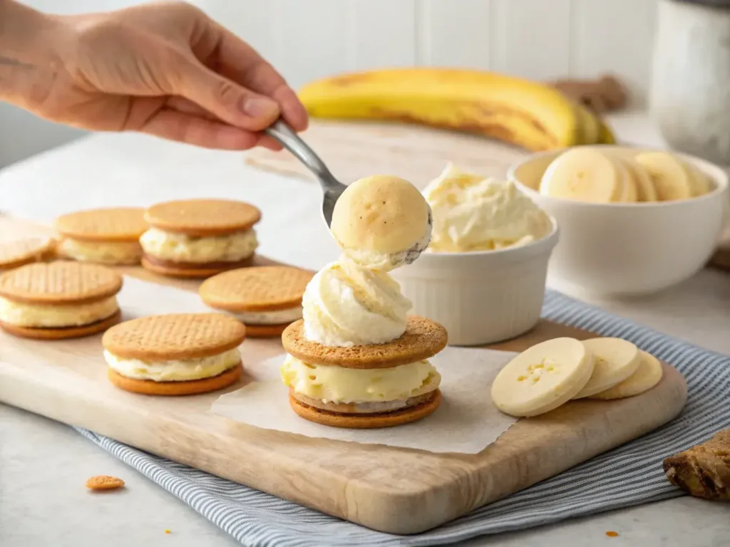 Assembling banana pudding ice cream sandwich