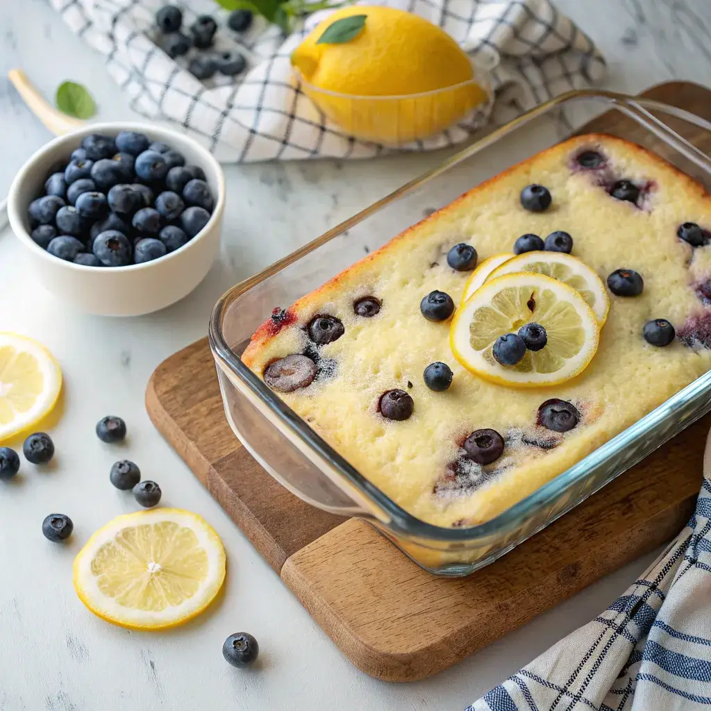 baked sugar free lemon blueberry pudding cake from scratch in dish
