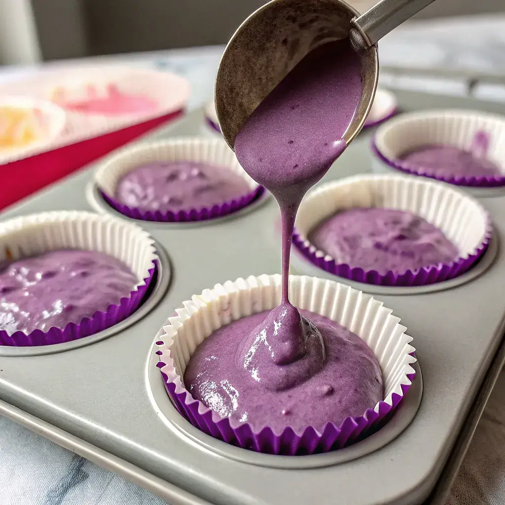 Ube cupcake batter going into liners
