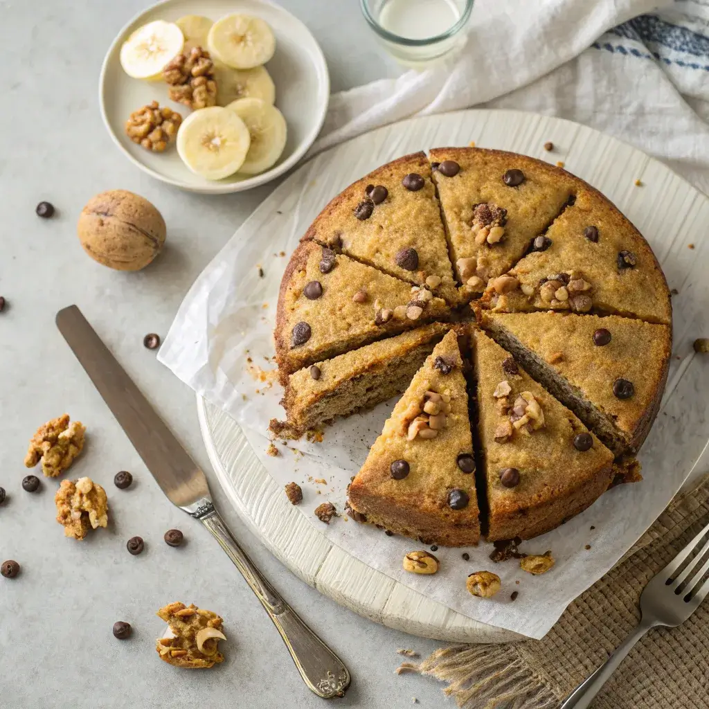 Banana and almond meal cake with chocolate chips and nuts