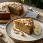 Moist banana and almond meal cake on a plate