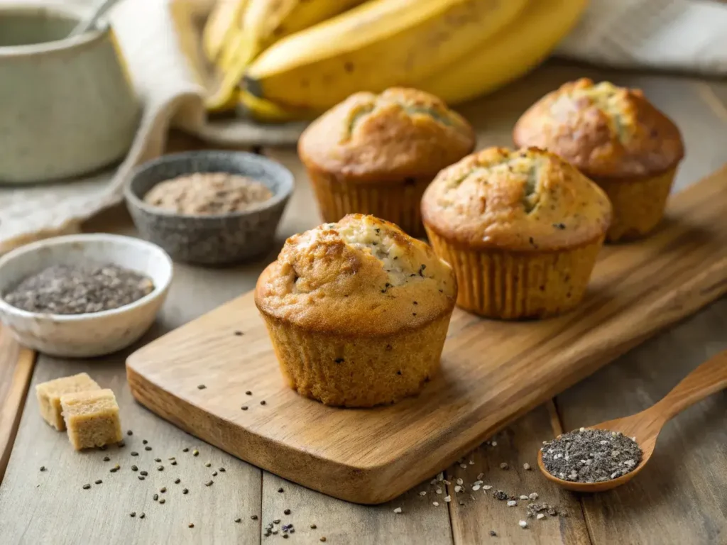 fresh banana and chia muffins on rustic background