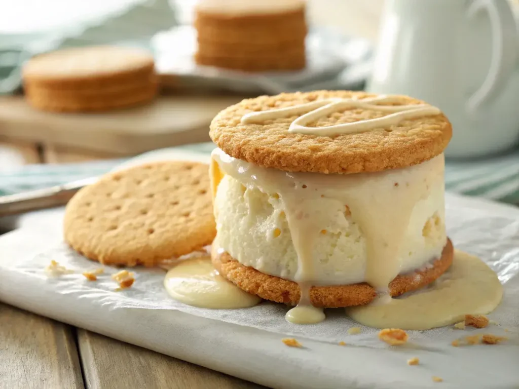 Banana pudding ice cream sandwich with vanilla wafers