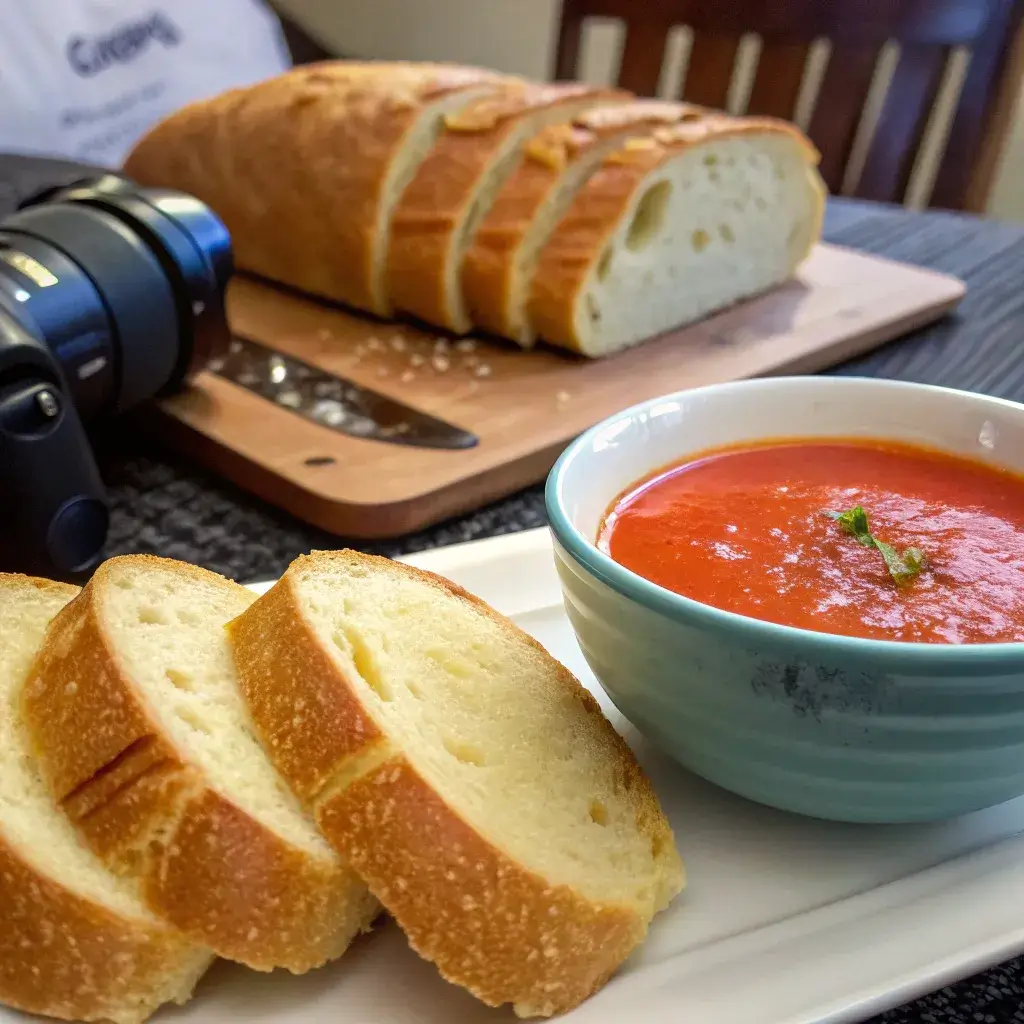 Red lobster cheese biscuit loaf slices served with tomato soup