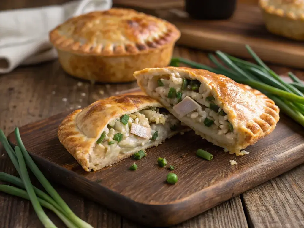 chicken and chive hand pie with flaky pastry and savory filling