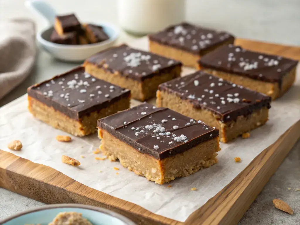 chocolate peanut butter protein bars sliced on parchment