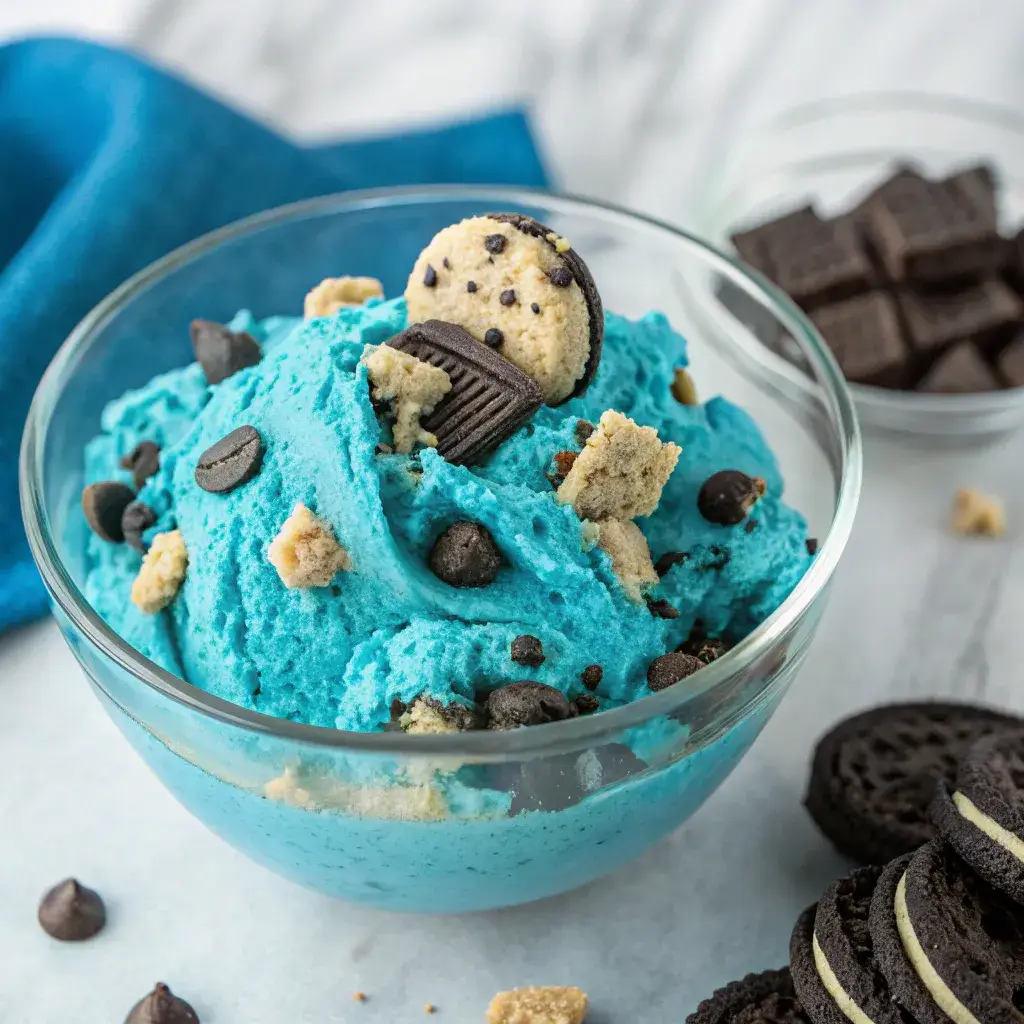Cookie Monster Cookie dough with Oreo and Chips Ahoy in bowl