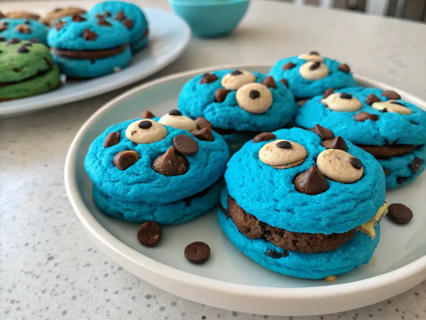 Cookie Monster Cookies on plate close up blue cookies with Oreo and Chips Ahoy