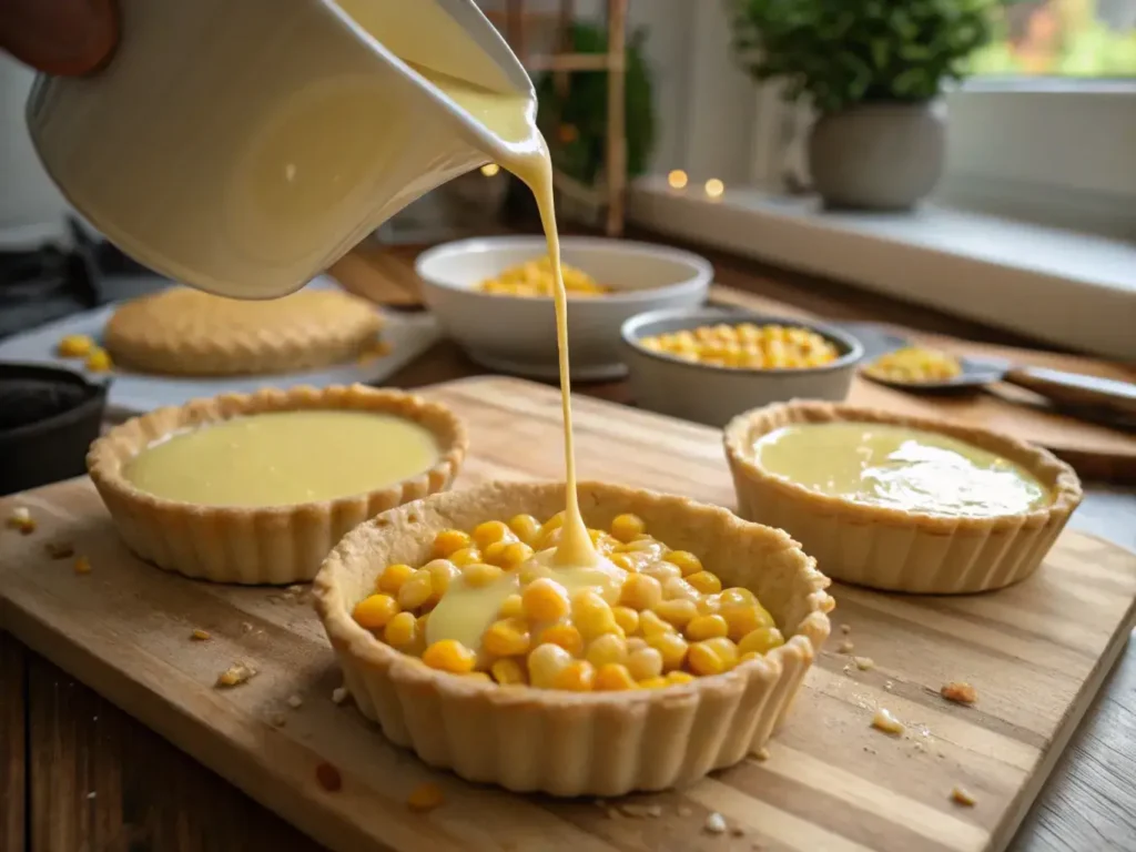Pouring corn custard into tart shells before baking