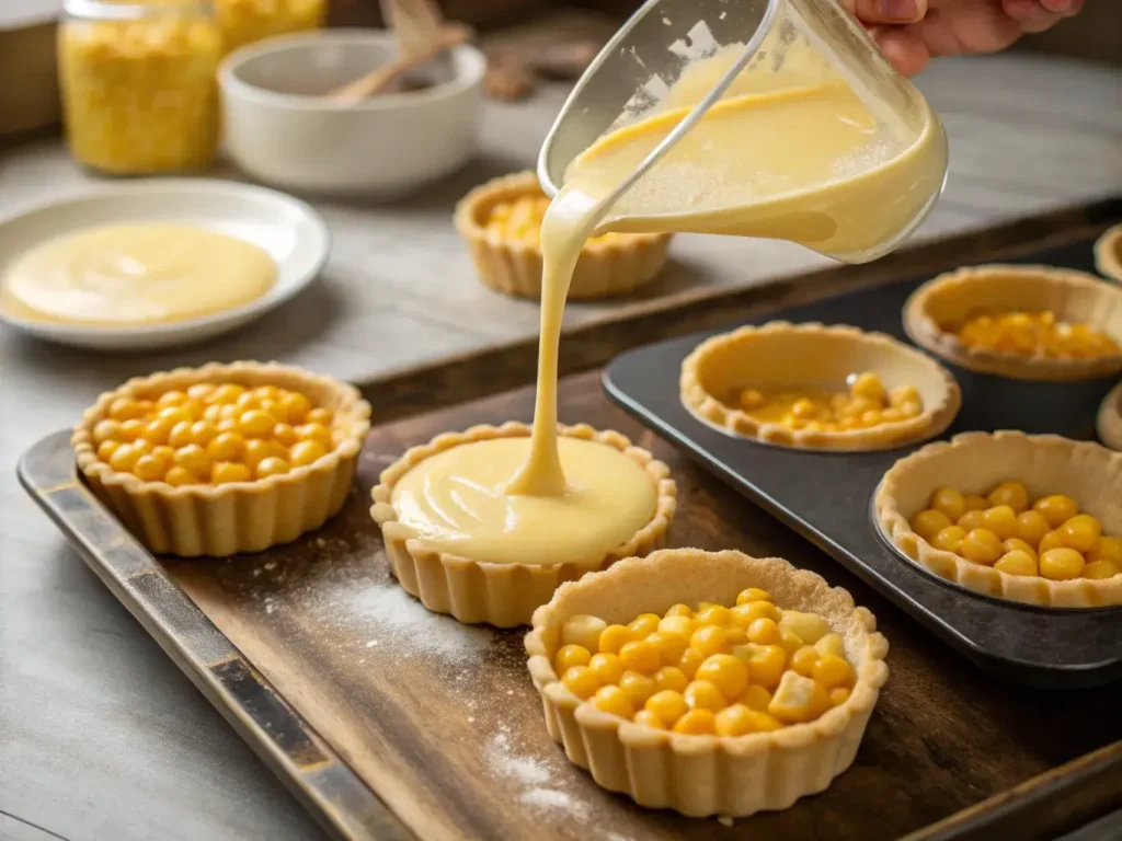 Pouring corn custard into tart shells before baking