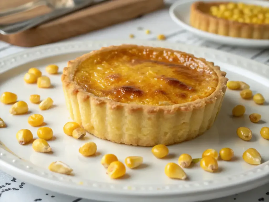 Corn egg tart served on a plate with golden crust and creamy center