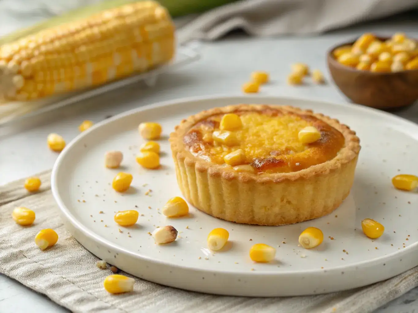 Corn egg tart served on a plate with golden crust and creamy center