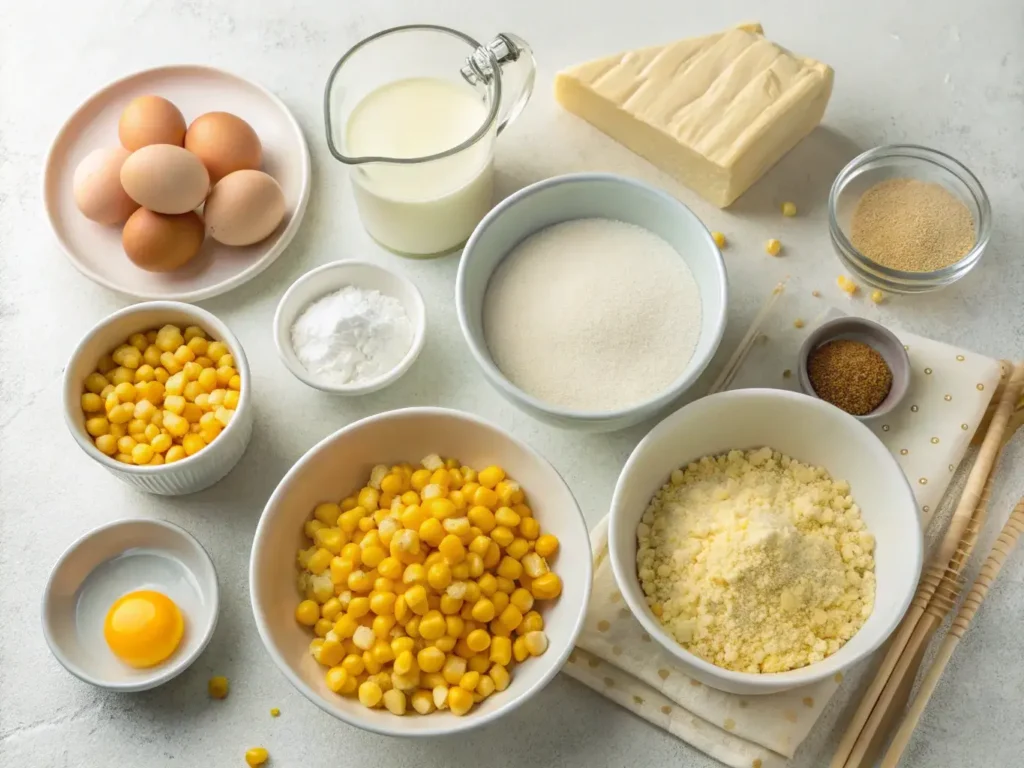 Ingredients for making corn egg tart arranged on a wooden table