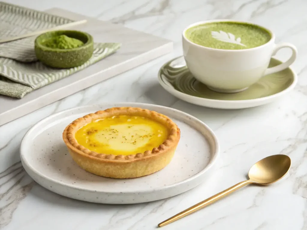 Corn egg tart paired with matcha latte for brunch