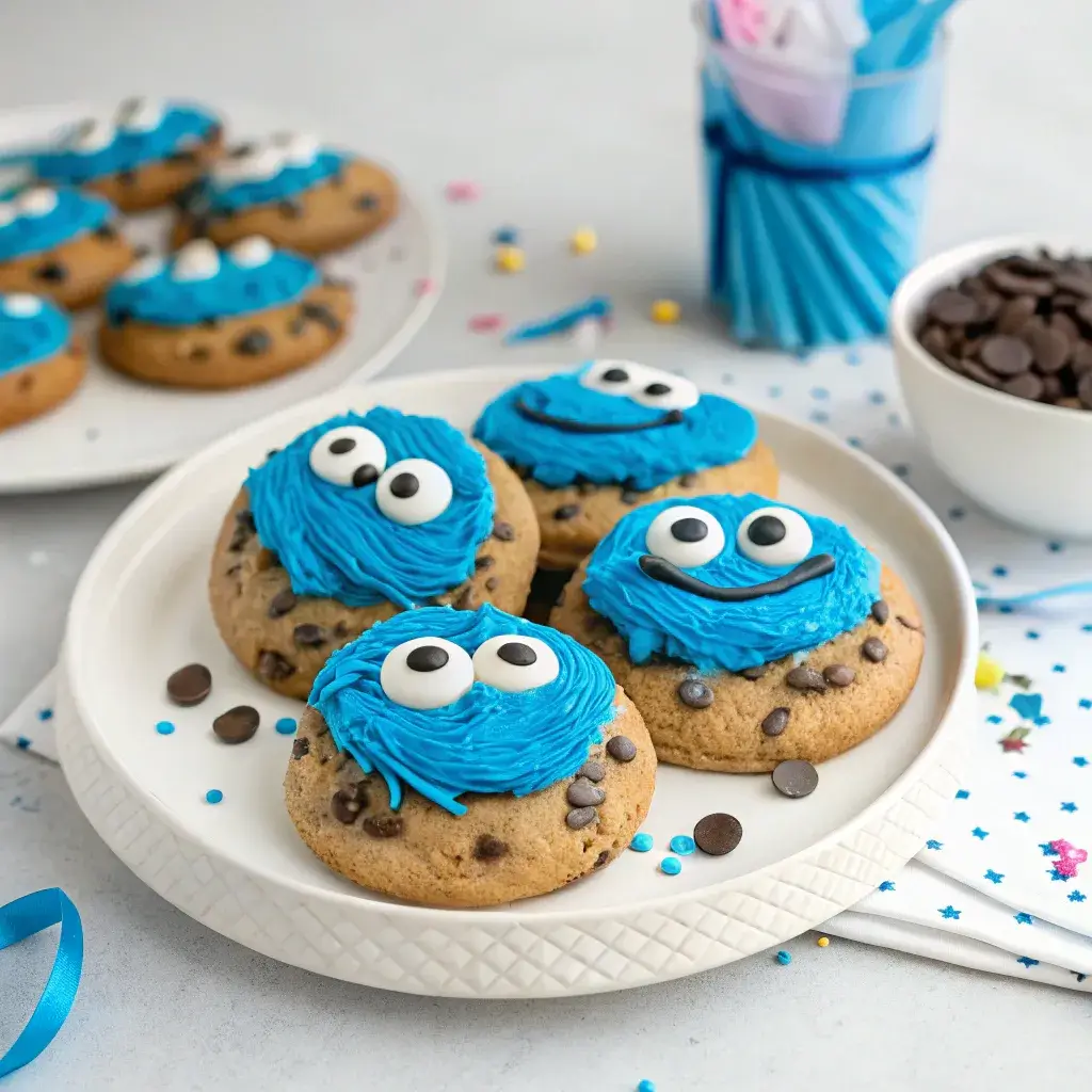 Decorated Cookie Monster Cookies with candy eyes and sprinkles