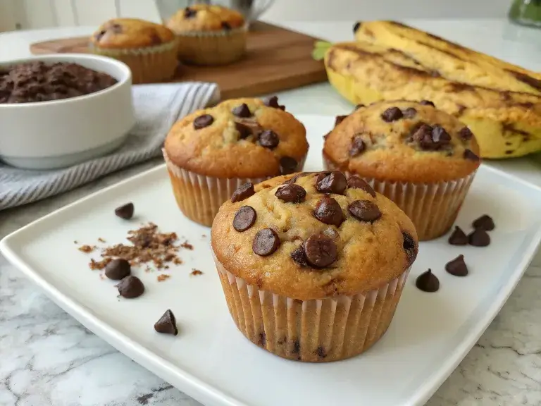 eggless banana chocolate chip muffins fresh from oven