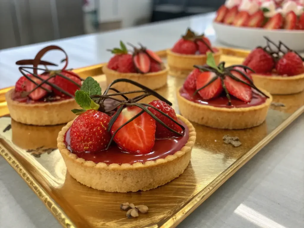 Glazed mini strawberry tarts with garnish