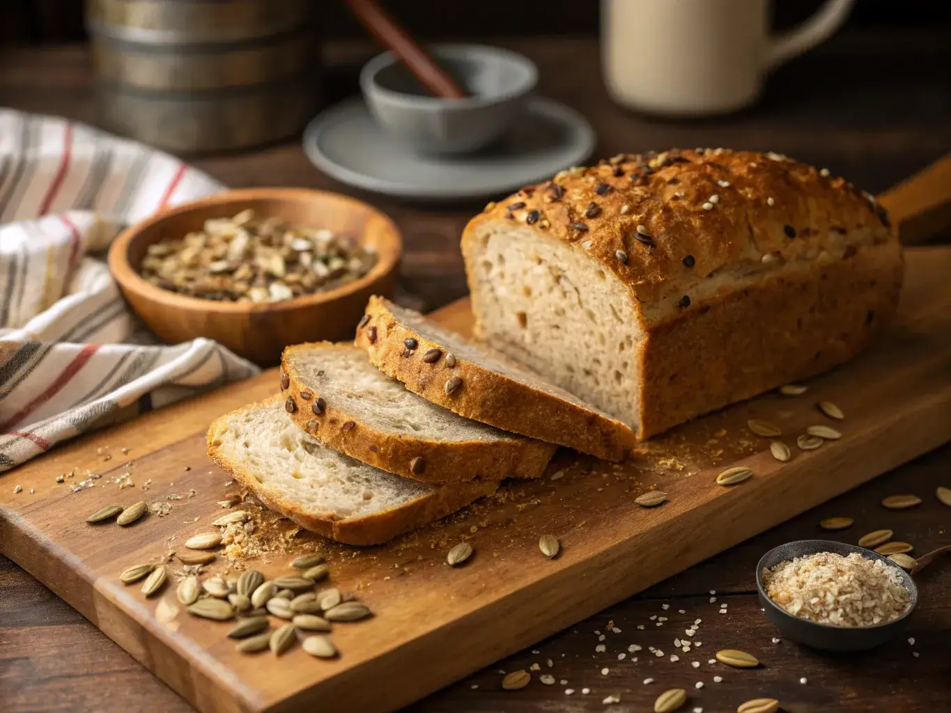 Sliced multigrain gluten free bread brands on cutting board