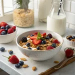 Gluten free cereal with berries in a white bowl