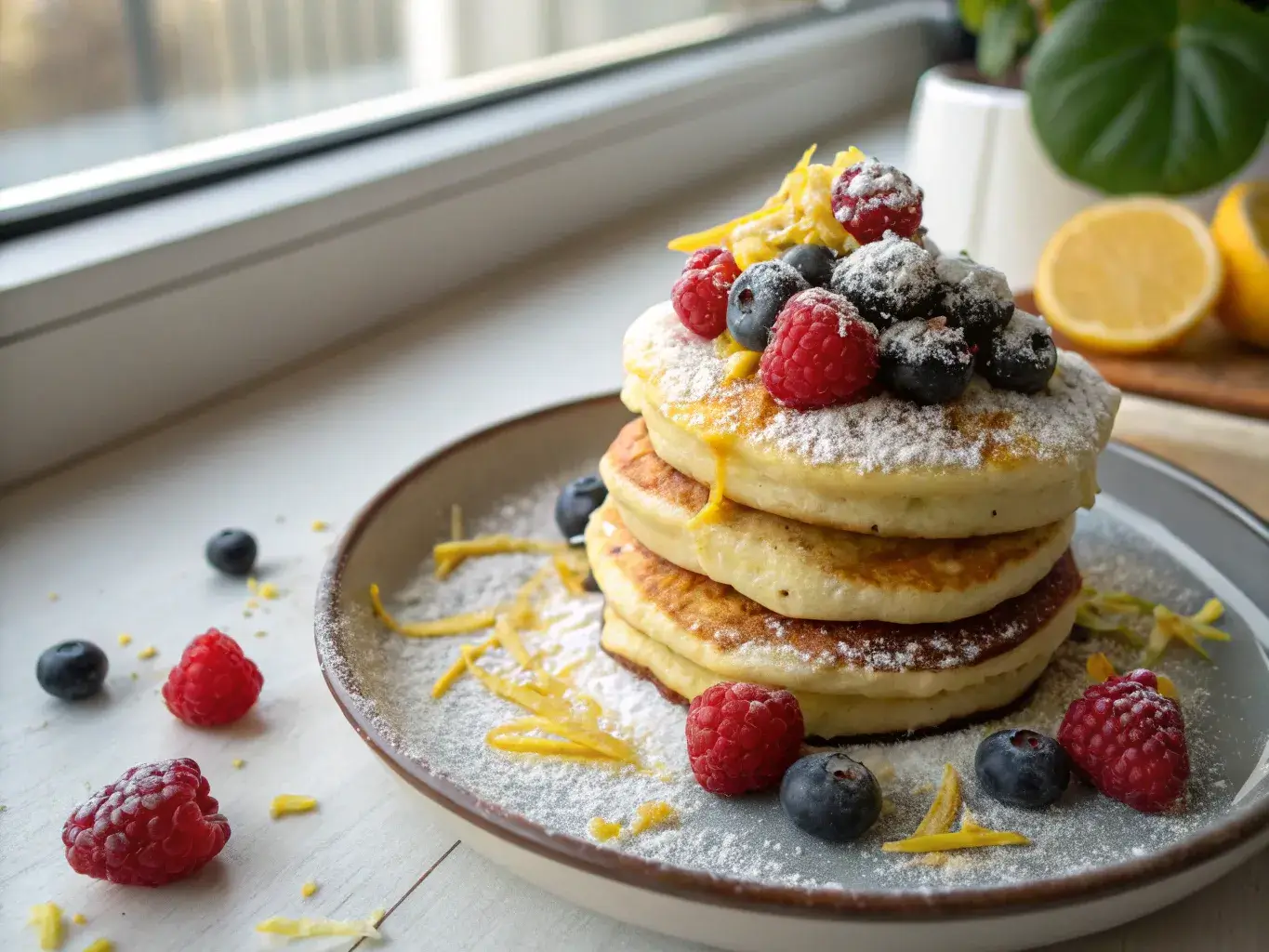 gluten free lemon ricotta pancakes with berries