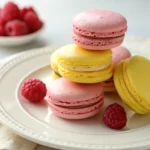 lemon and raspberry macarons stacked
