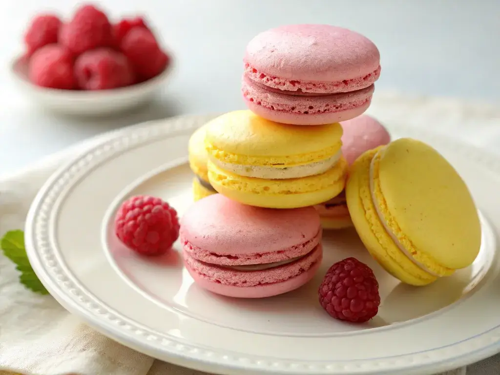 lemon and raspberry macarons stacked