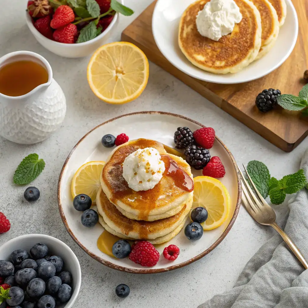 gluten free lemon ricotta pancakes with toppings