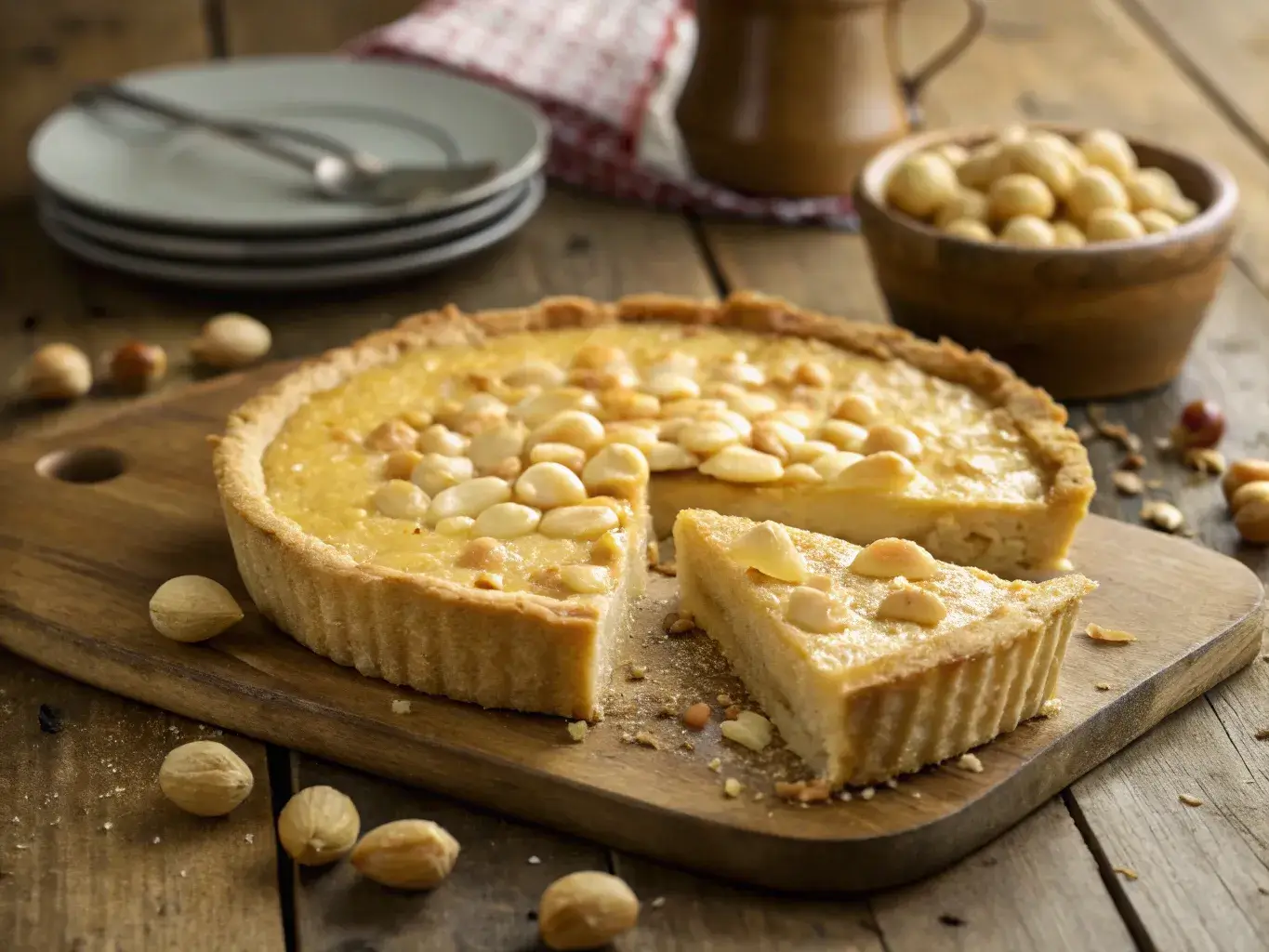 macadamia pie with golden crust on wooden table
