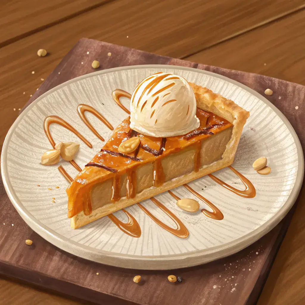 macadamia pie served with vanilla ice cream and caramel drizzle