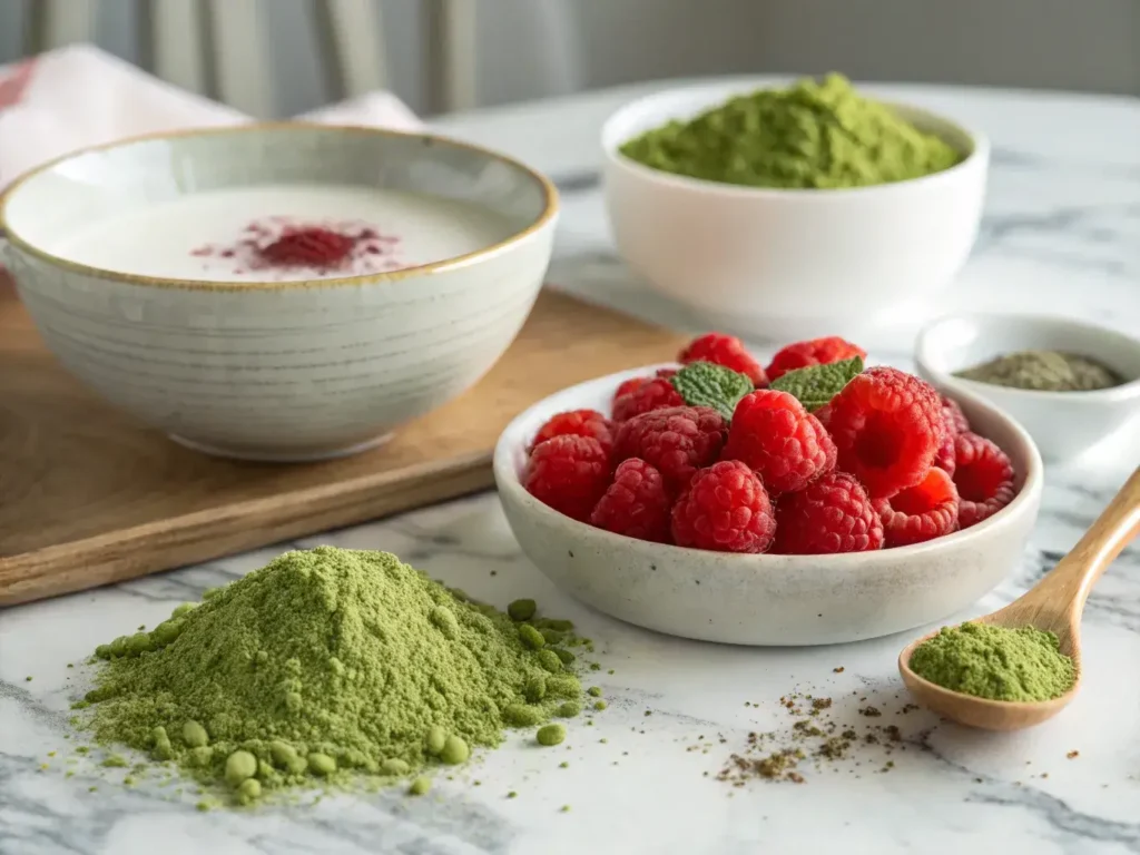 Ingredients for raspberry matcha tea