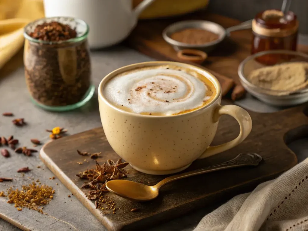 Milk with Rooibos tea in ceramic mug