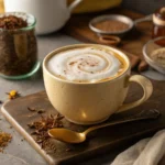 Milk with Rooibos tea in ceramic mug