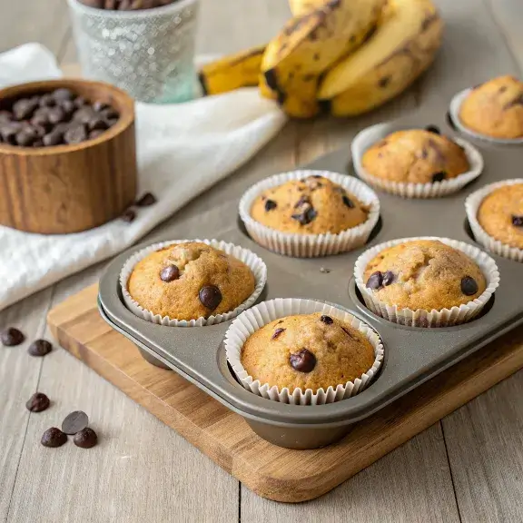Mini eggless banana chocolate chip muffins in tray