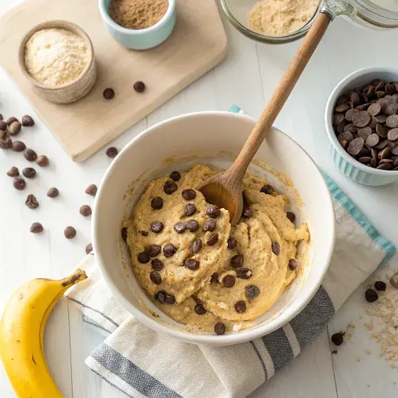 Mixing eggless banana chocolate chip muffin batter