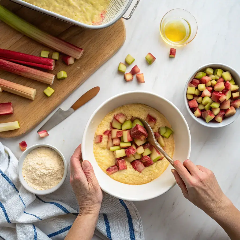 mixing rhubarb into coffee cake batter