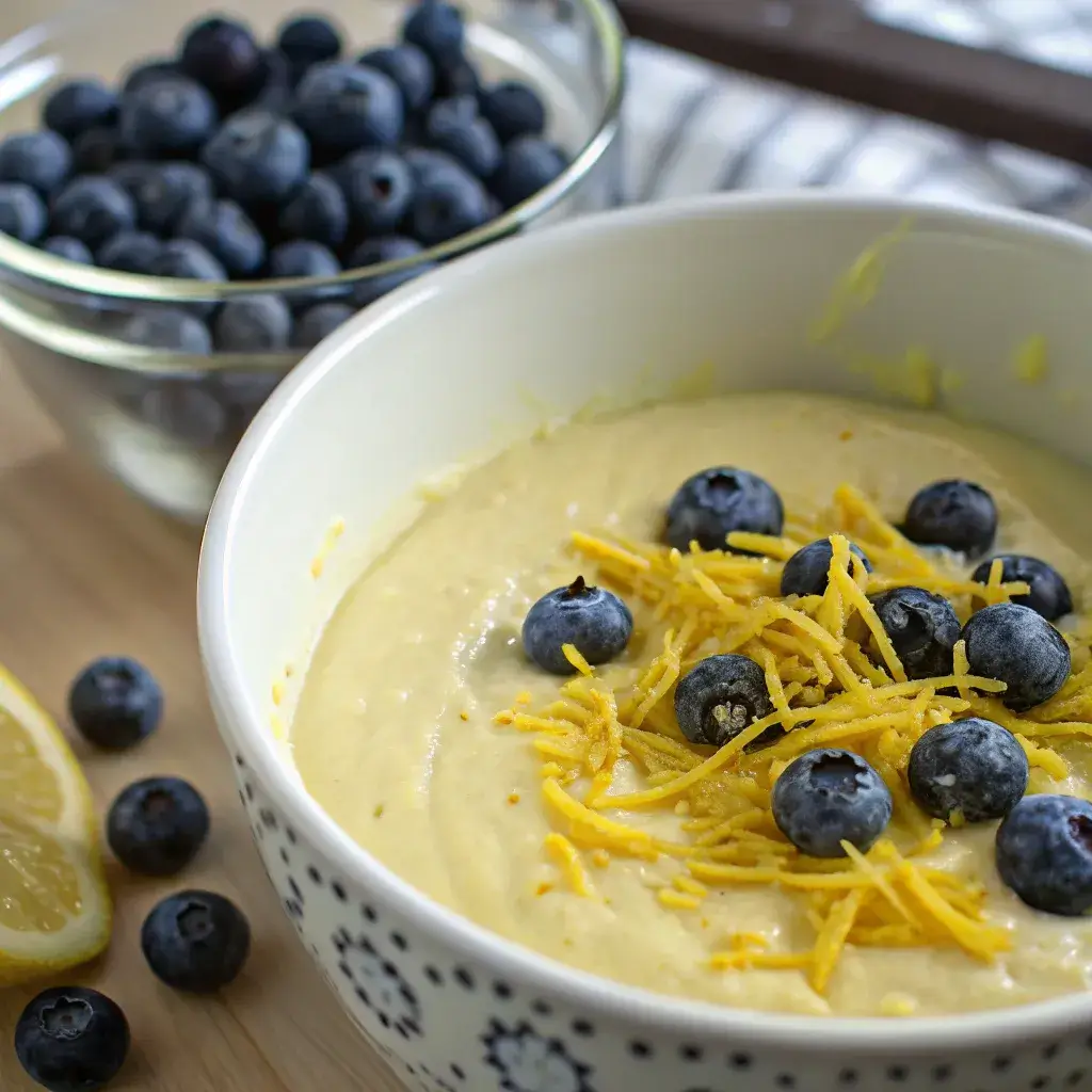 mixing sugar free lemon blueberry pudding cake batter from scratch