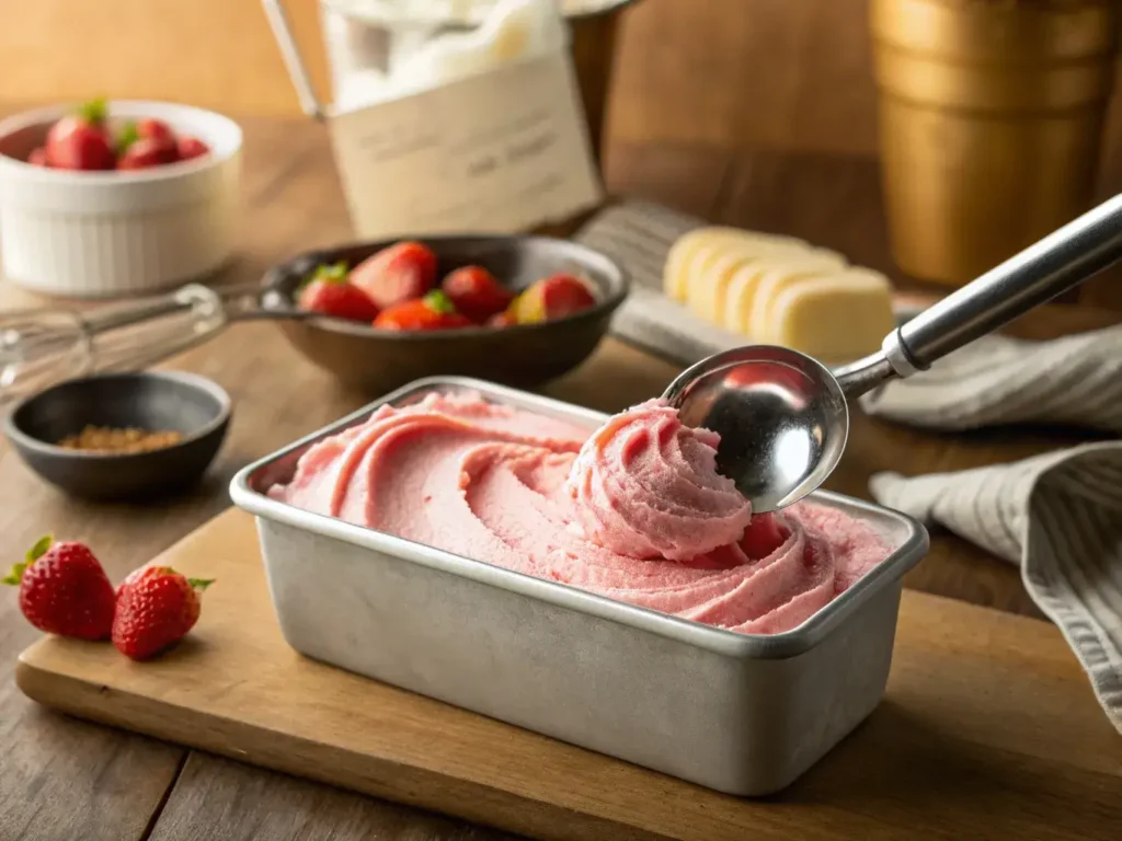 Scooping no-churn tart frozen yogurt from a container